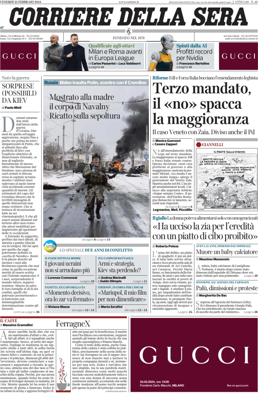 anteprima della prima pagina di corriere-della-sera del 23/02/2024