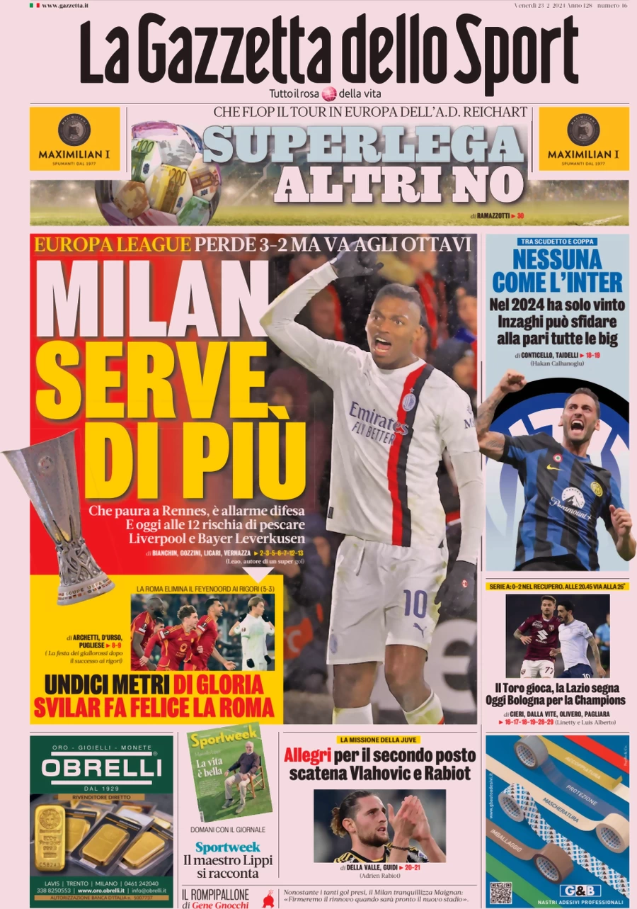 anteprima della prima pagina di la-gazzetta-dello-sport del 23/02/2024