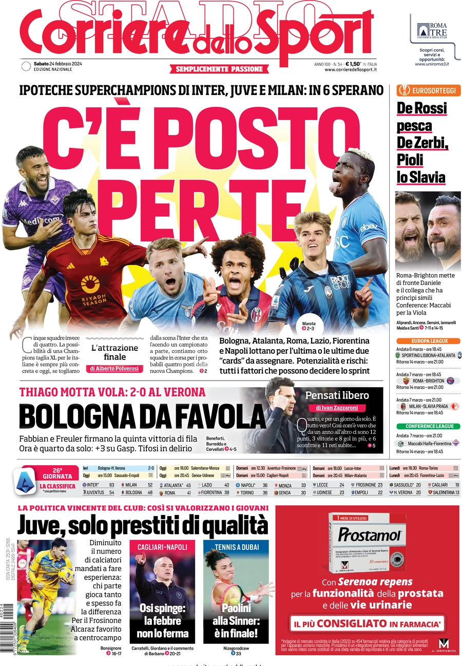 anteprima della prima pagina di corriere-dello-sport del 24/02/2024