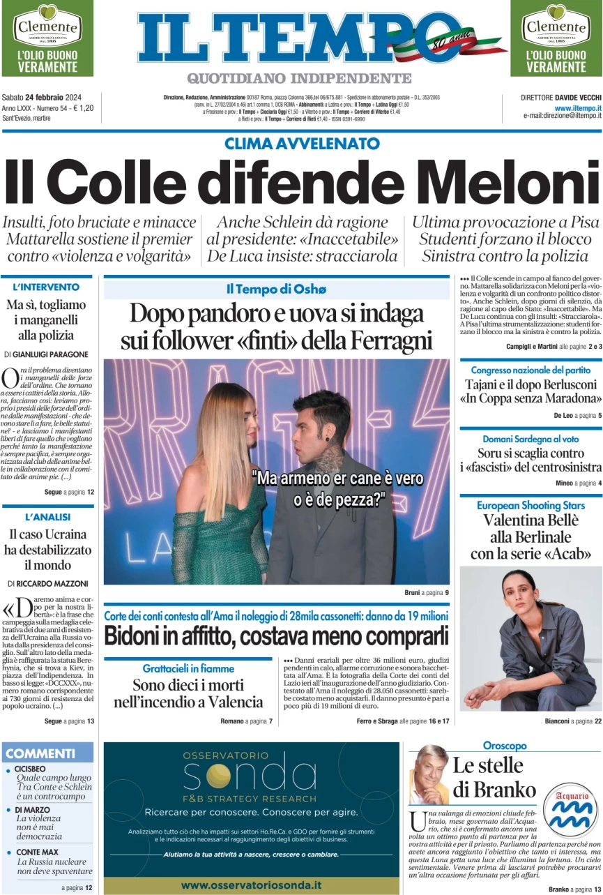 anteprima della prima pagina di il-tempo del 24/02/2024