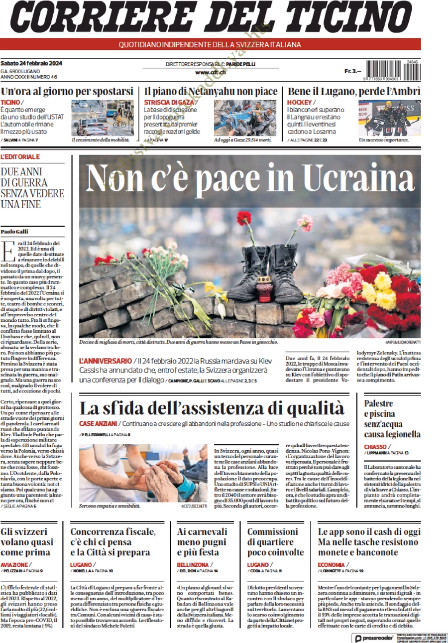 anteprima della prima pagina di corriere-del-ticino del 24/02/2024