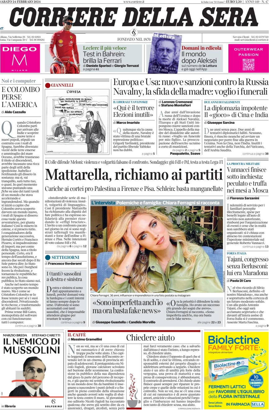 anteprima della prima pagina di corriere-della-sera del 24/02/2024