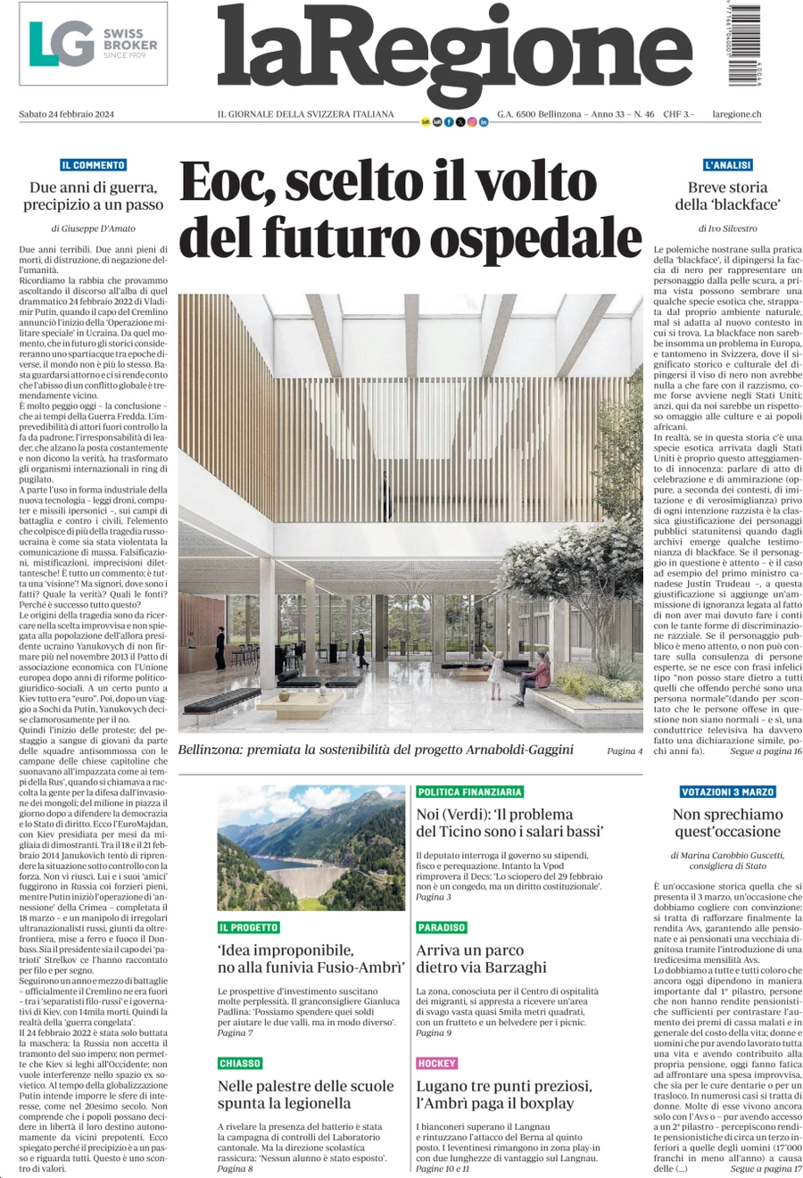 anteprima della prima pagina di la-regione del 24/02/2024