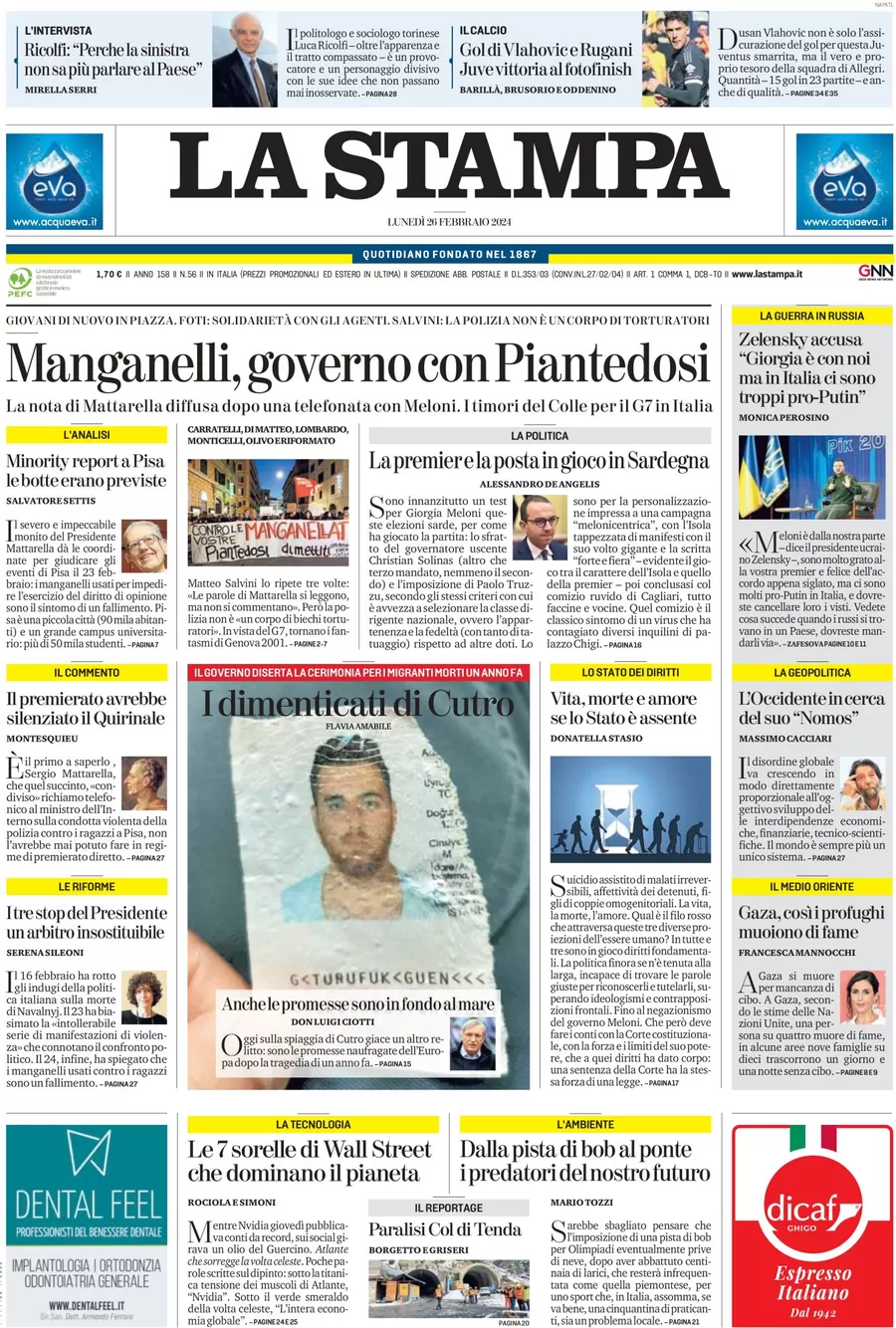 anteprima della prima pagina di la-stampa del 25/02/2024