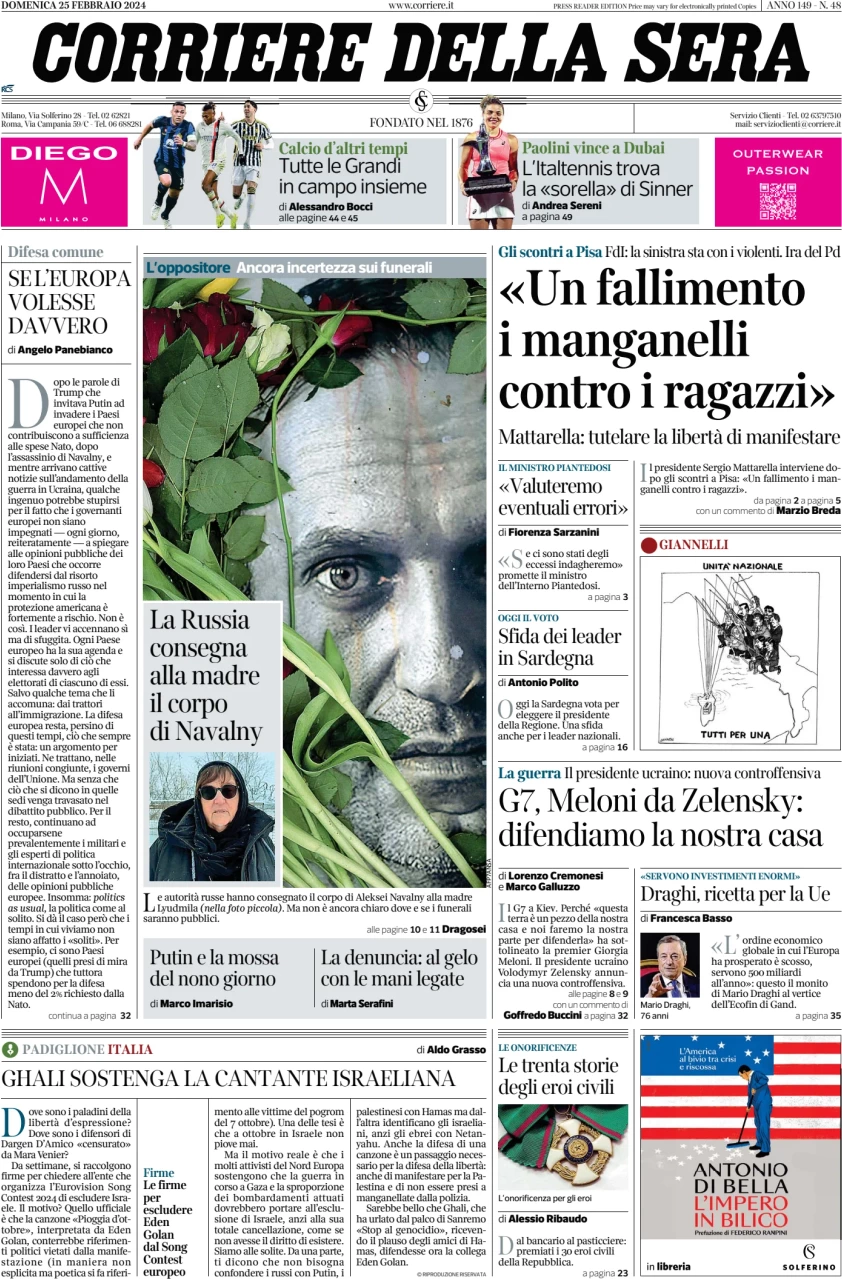 anteprima della prima pagina di corriere-della-sera del 25/02/2024