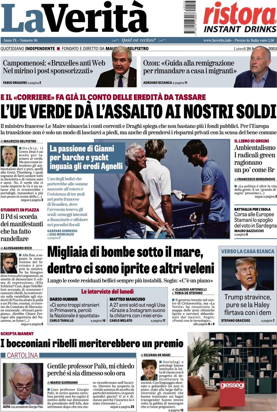 anteprima della prima pagina di la-verit del 25/02/2024