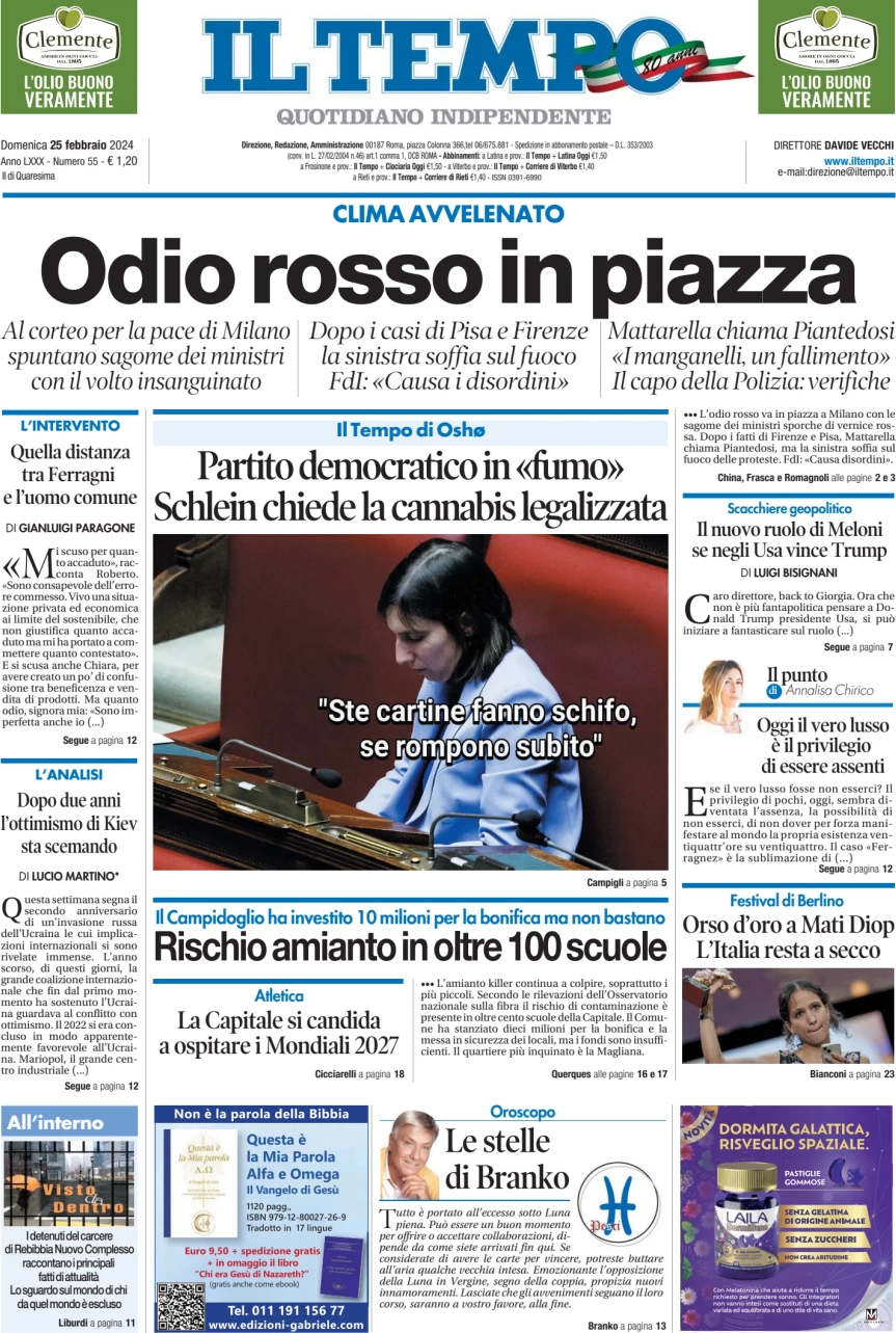 anteprima della prima pagina di il-tempo del 25/02/2024