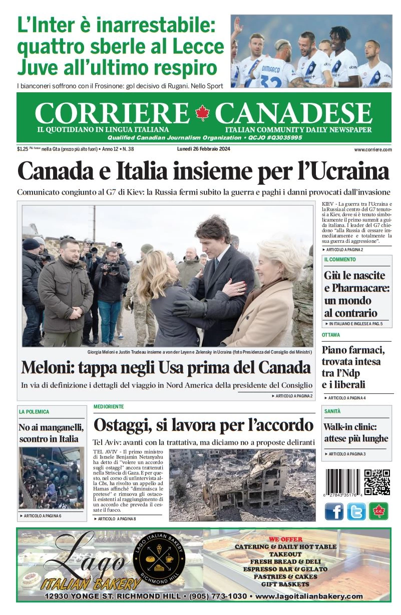 anteprima della prima pagina di corriere-canadese del 25/02/2024