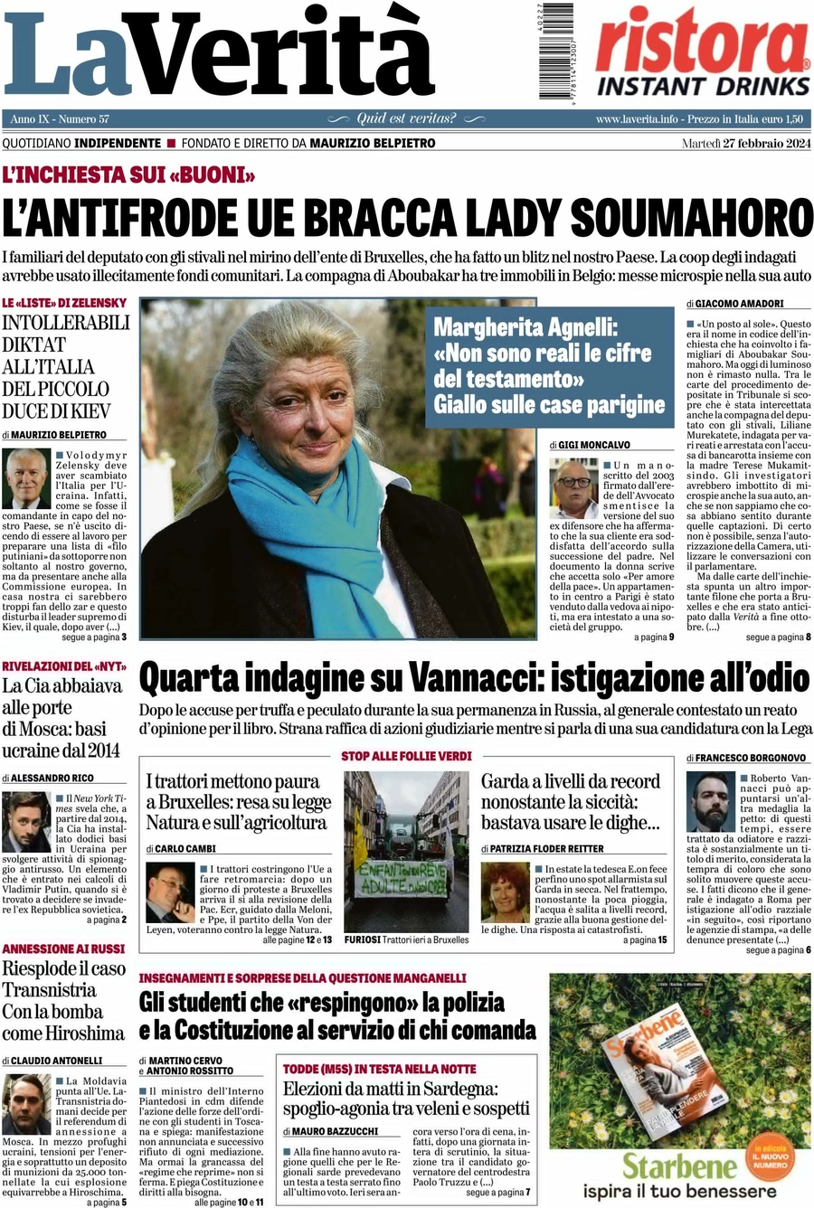 anteprima della prima pagina di la-verit del 26/02/2024