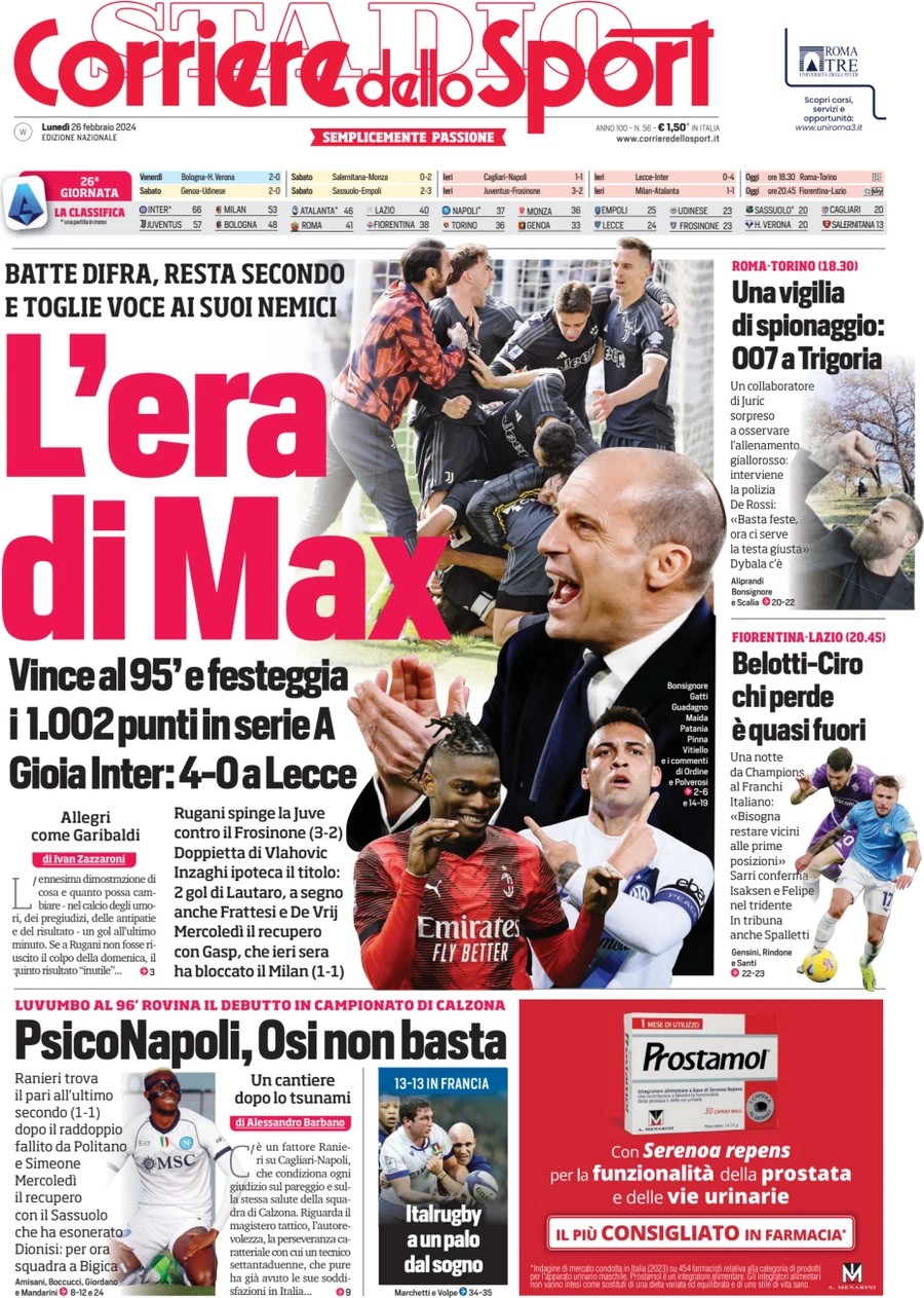 anteprima della prima pagina di corriere-dello-sport del 26/02/2024