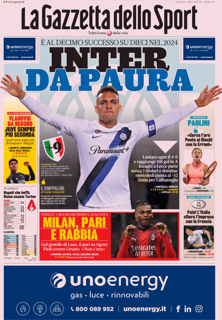 anteprima della prima pagina di la-gazzetta-dello-sport del 26/02/2024