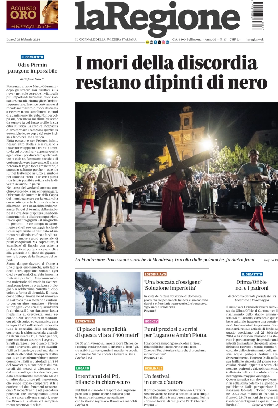 anteprima della prima pagina di la-regione del 26/02/2024