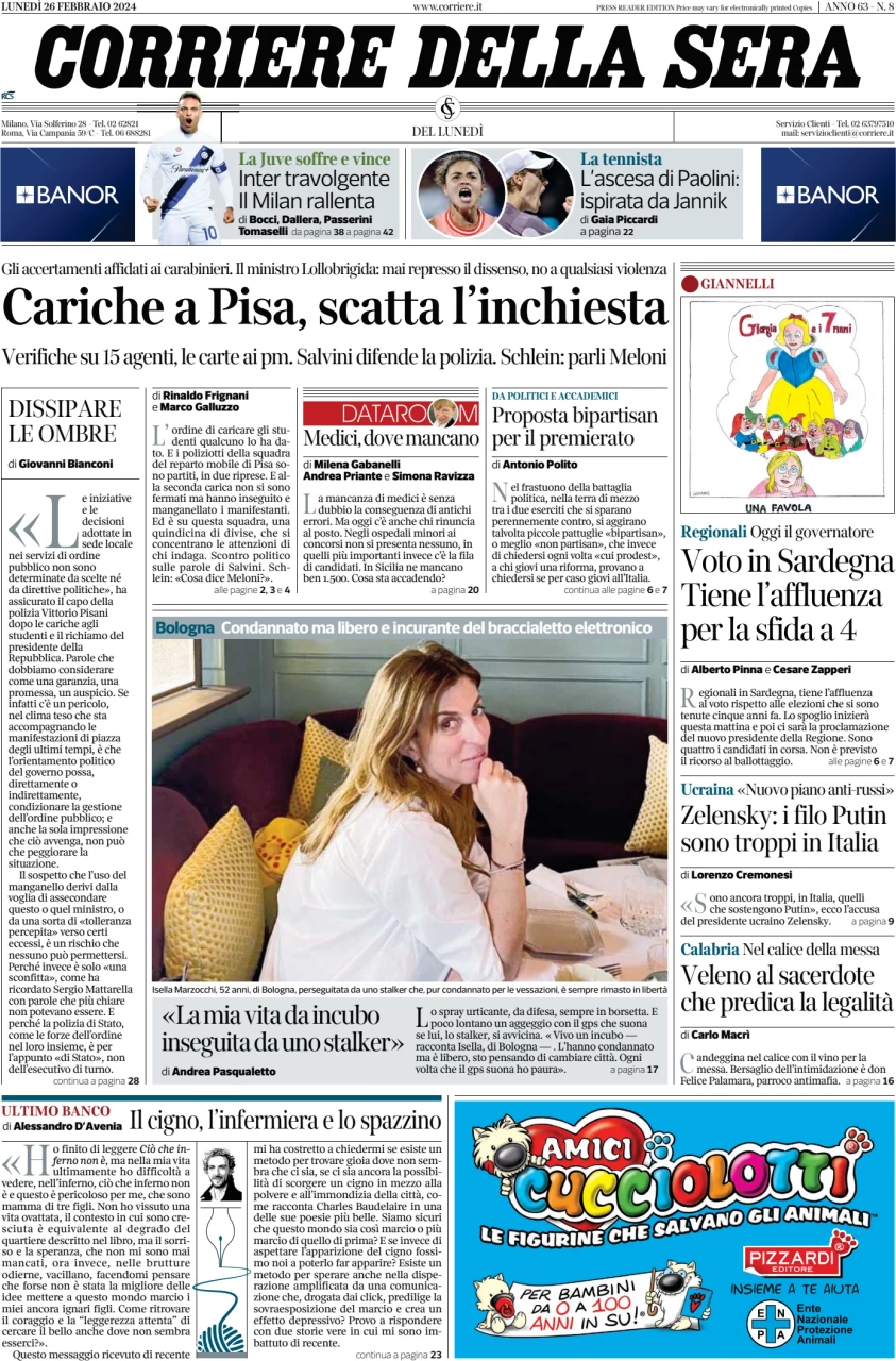 anteprima della prima pagina di corriere-della-sera del 26/02/2024