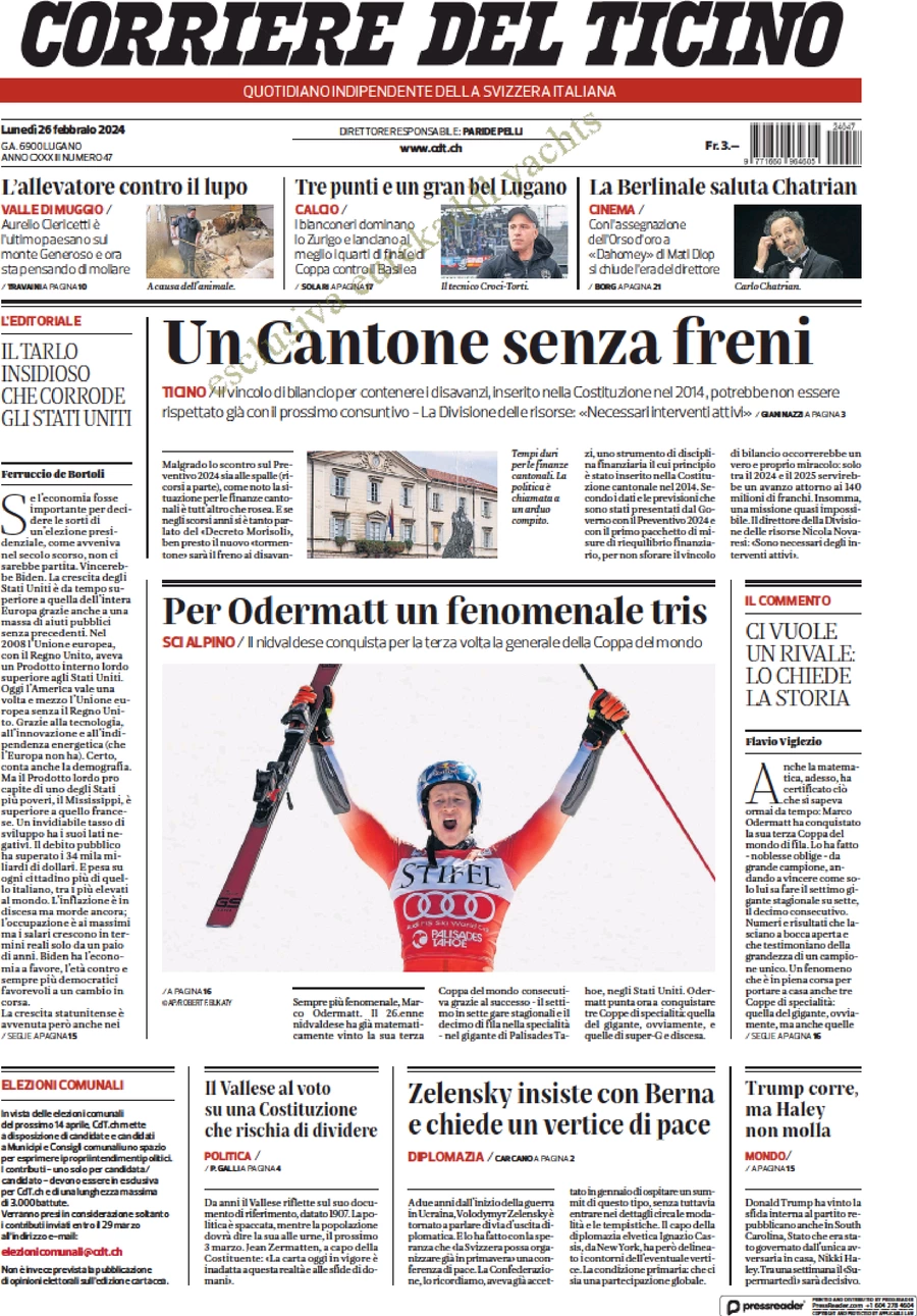 anteprima della prima pagina di corriere-del-ticino del 26/02/2024