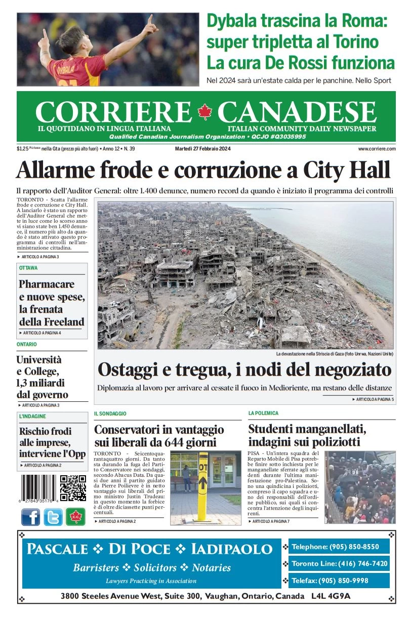 anteprima della prima pagina di corriere-canadese del 26/02/2024