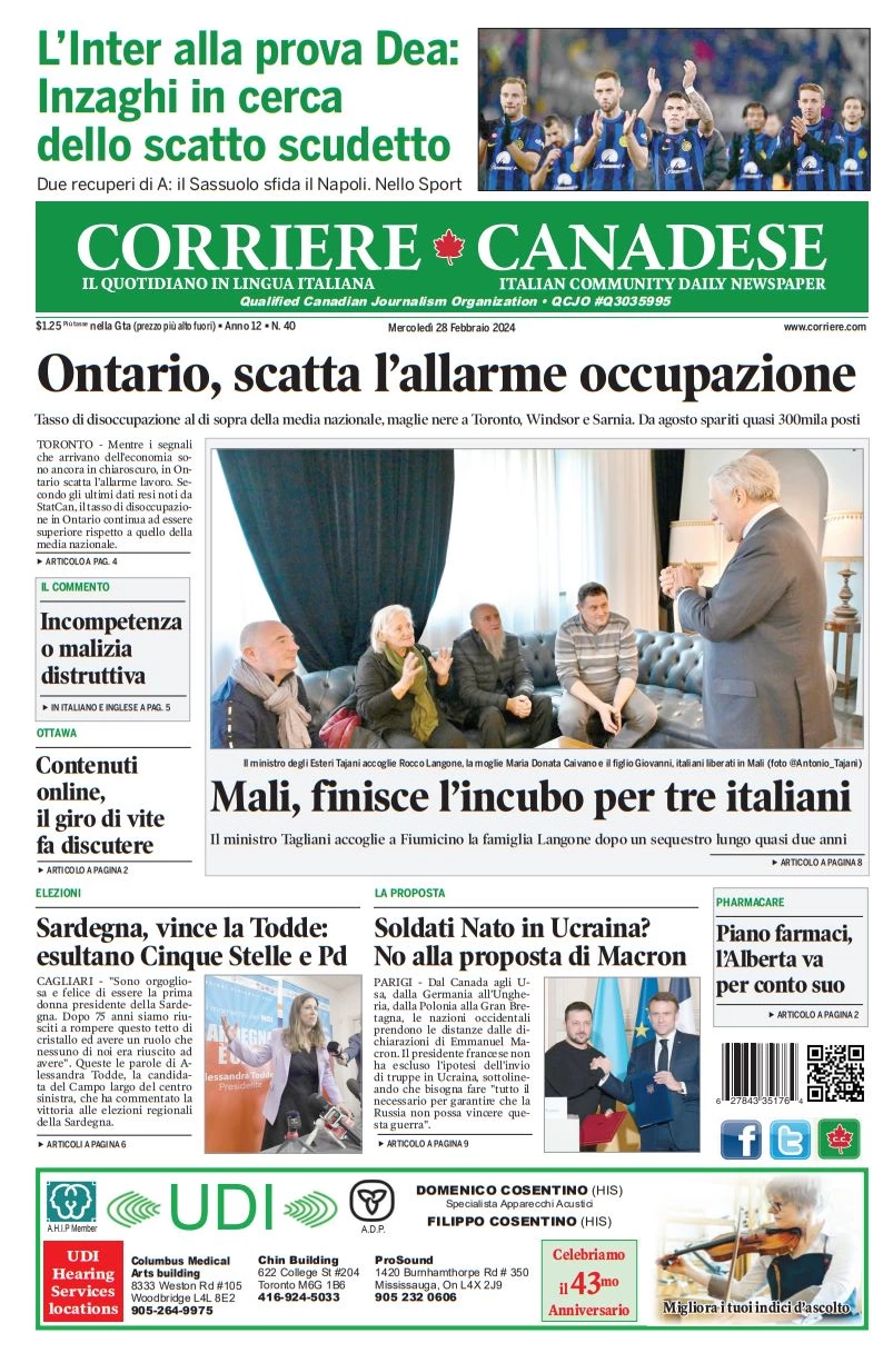 anteprima della prima pagina di corriere-canadese del 27/02/2024