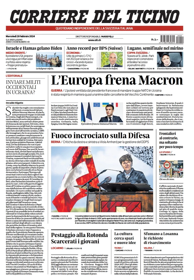 anteprima della prima pagina di corriere-del-ticino del 27/02/2024