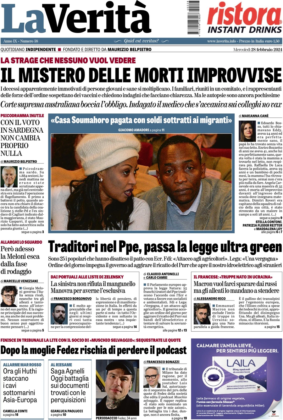 anteprima della prima pagina di la-verit del 27/02/2024