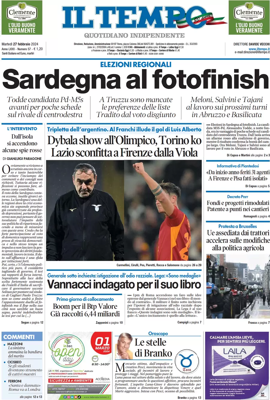 anteprima della prima pagina di il-tempo del 27/02/2024