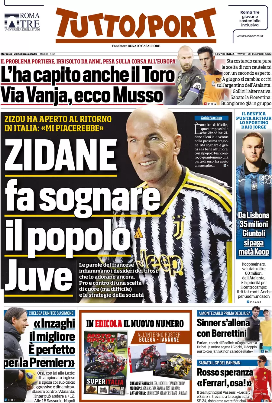 anteprima della prima pagina di tuttosport del 27/02/2024