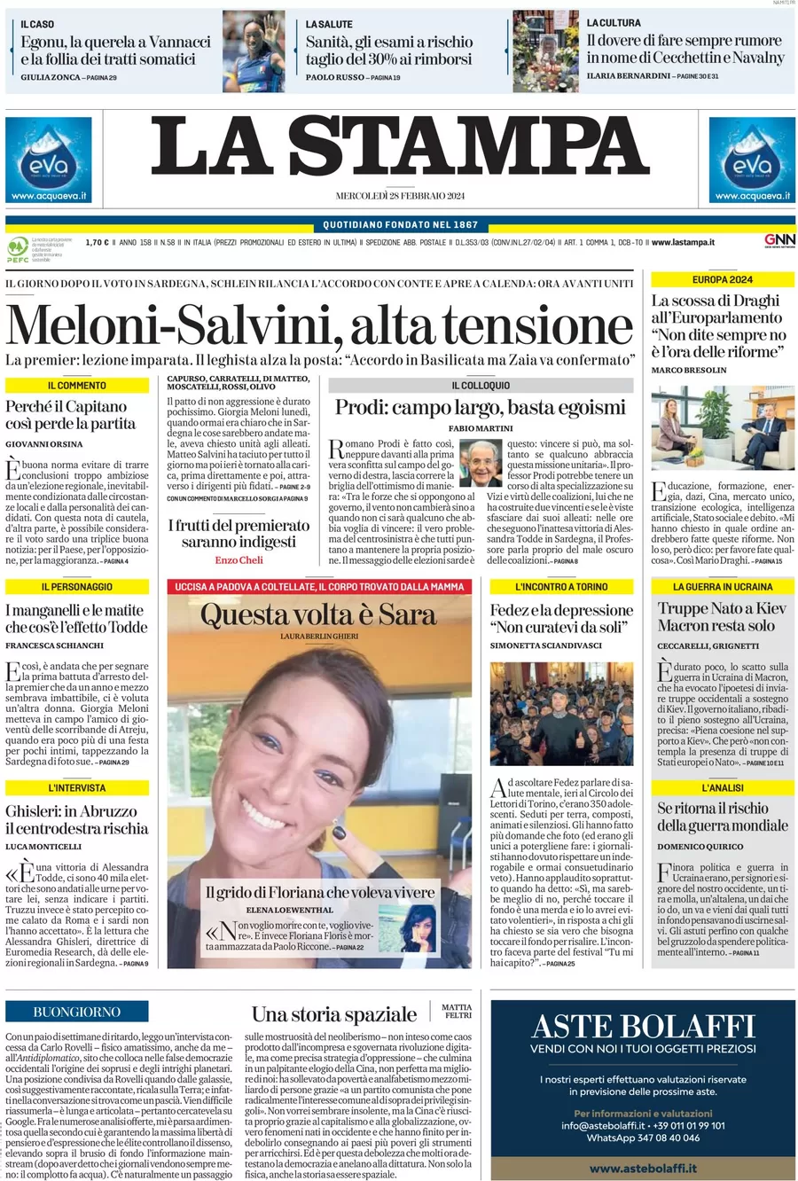 anteprima della prima pagina di la-stampa del 27/02/2024