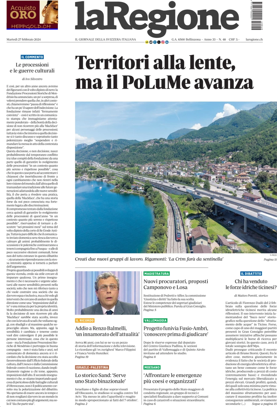 anteprima della prima pagina di la-regione del 27/02/2024