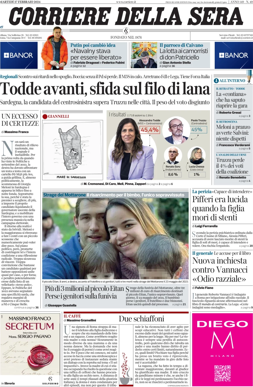 anteprima della prima pagina di corriere-della-sera del 27/02/2024