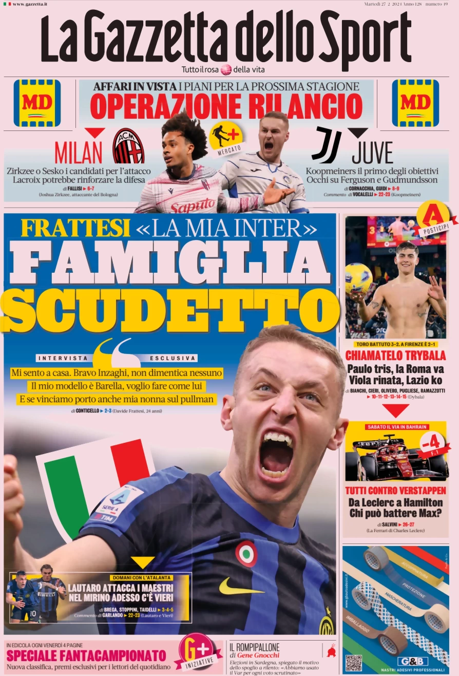 anteprima della prima pagina di la-gazzetta-dello-sport del 27/02/2024