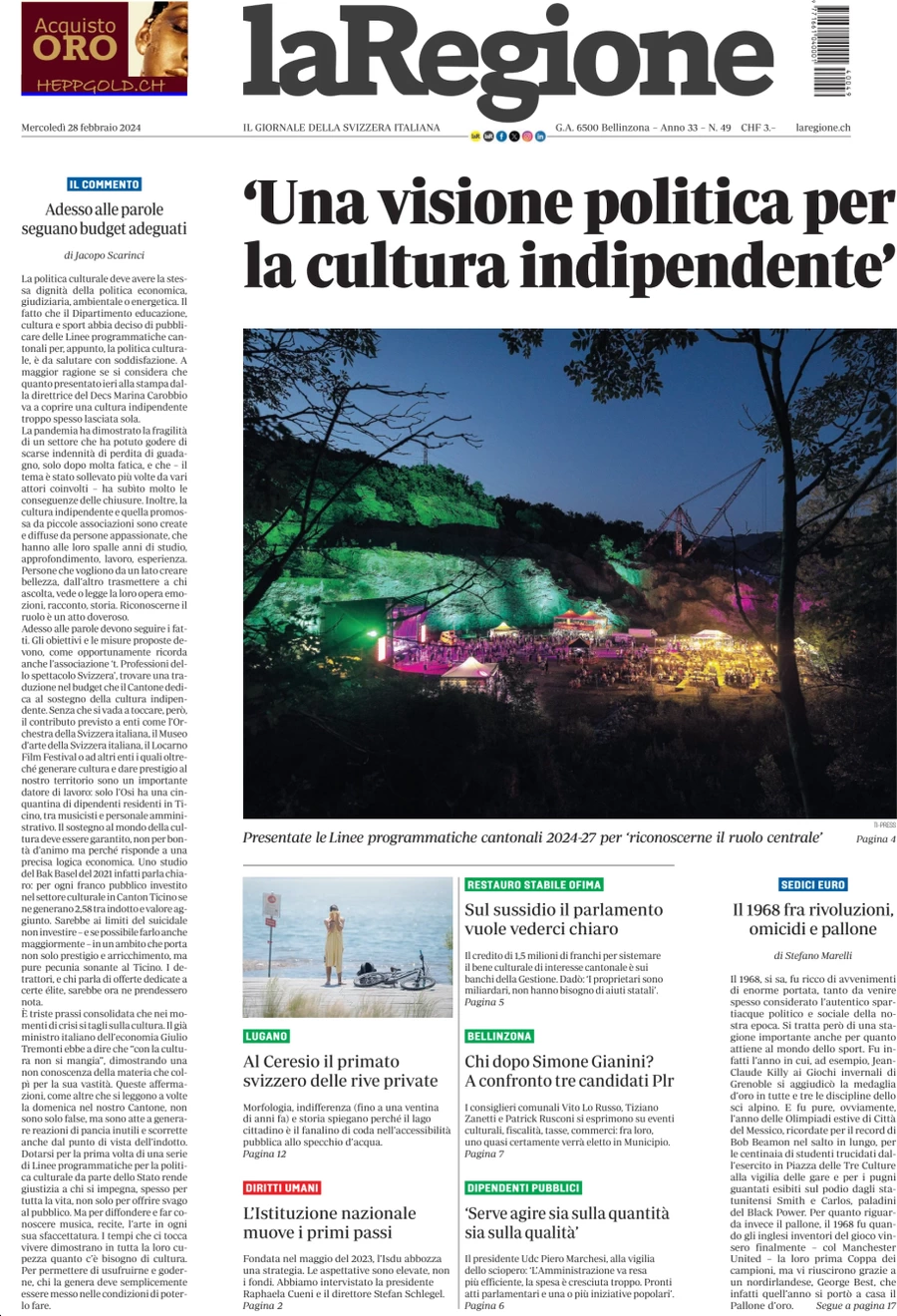 anteprima della prima pagina di la-regione del 28/02/2024