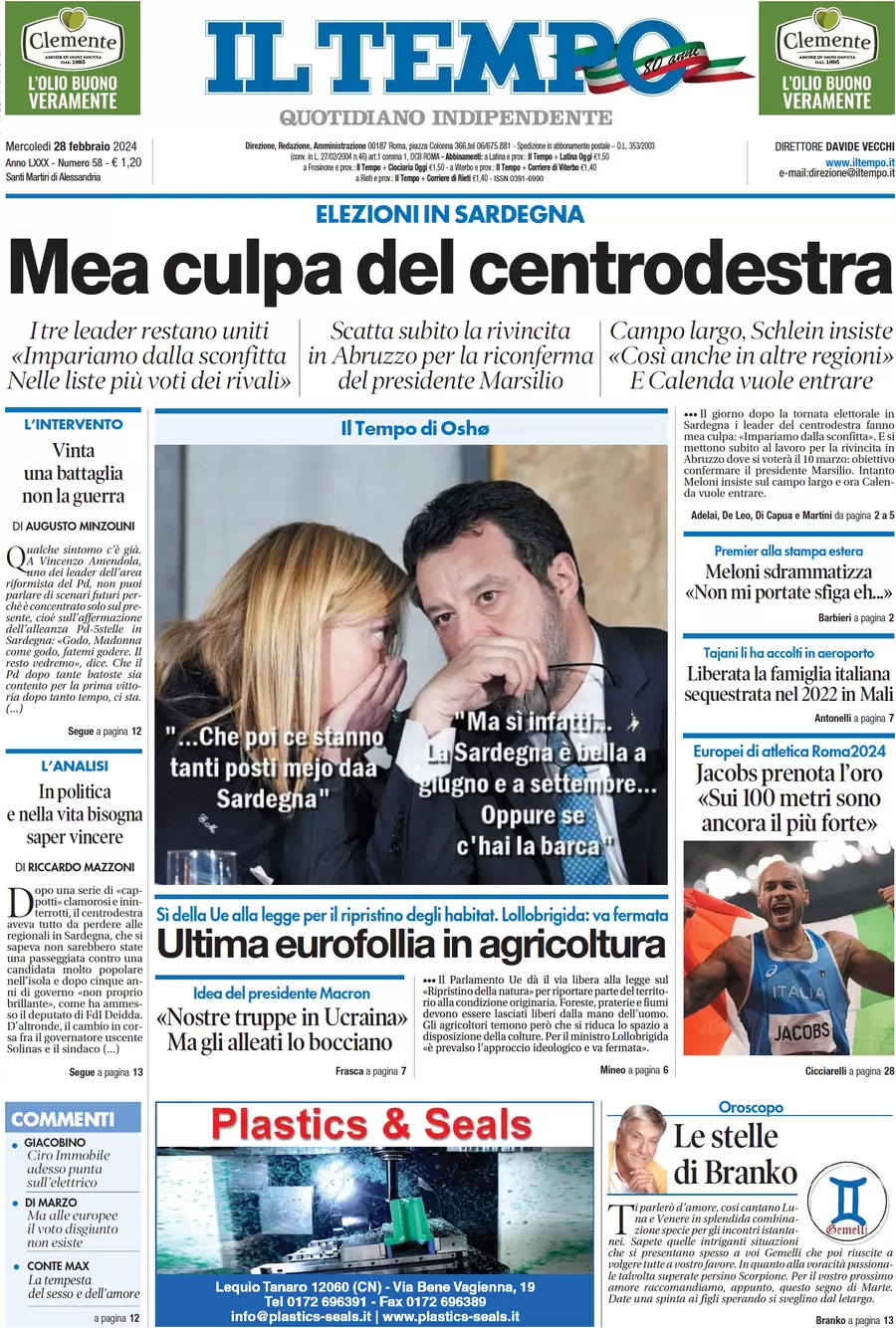 anteprima della prima pagina di il-tempo del 28/02/2024