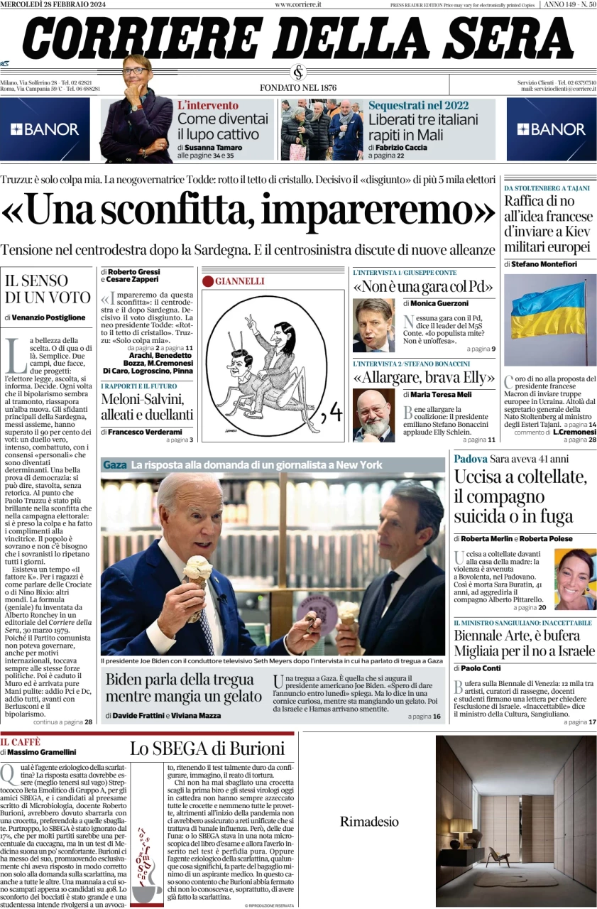 anteprima della prima pagina di corriere-della-sera del 28/02/2024