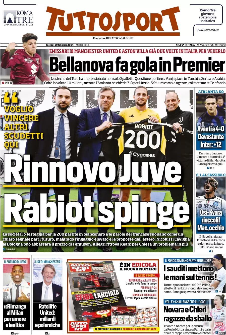 anteprima della prima pagina di tuttosport del 28/02/2024