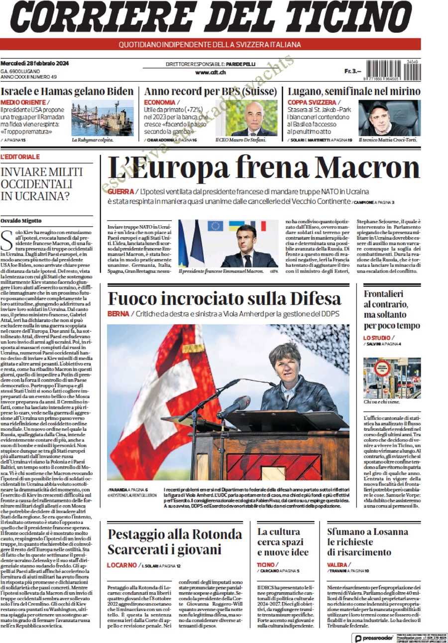 anteprima della prima pagina di corriere-del-ticino del 28/02/2024