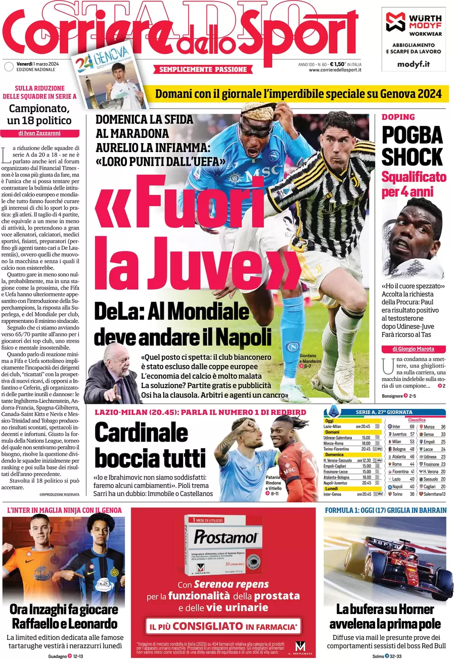 anteprima della prima pagina di corriere-dello-sport del 29/02/2024