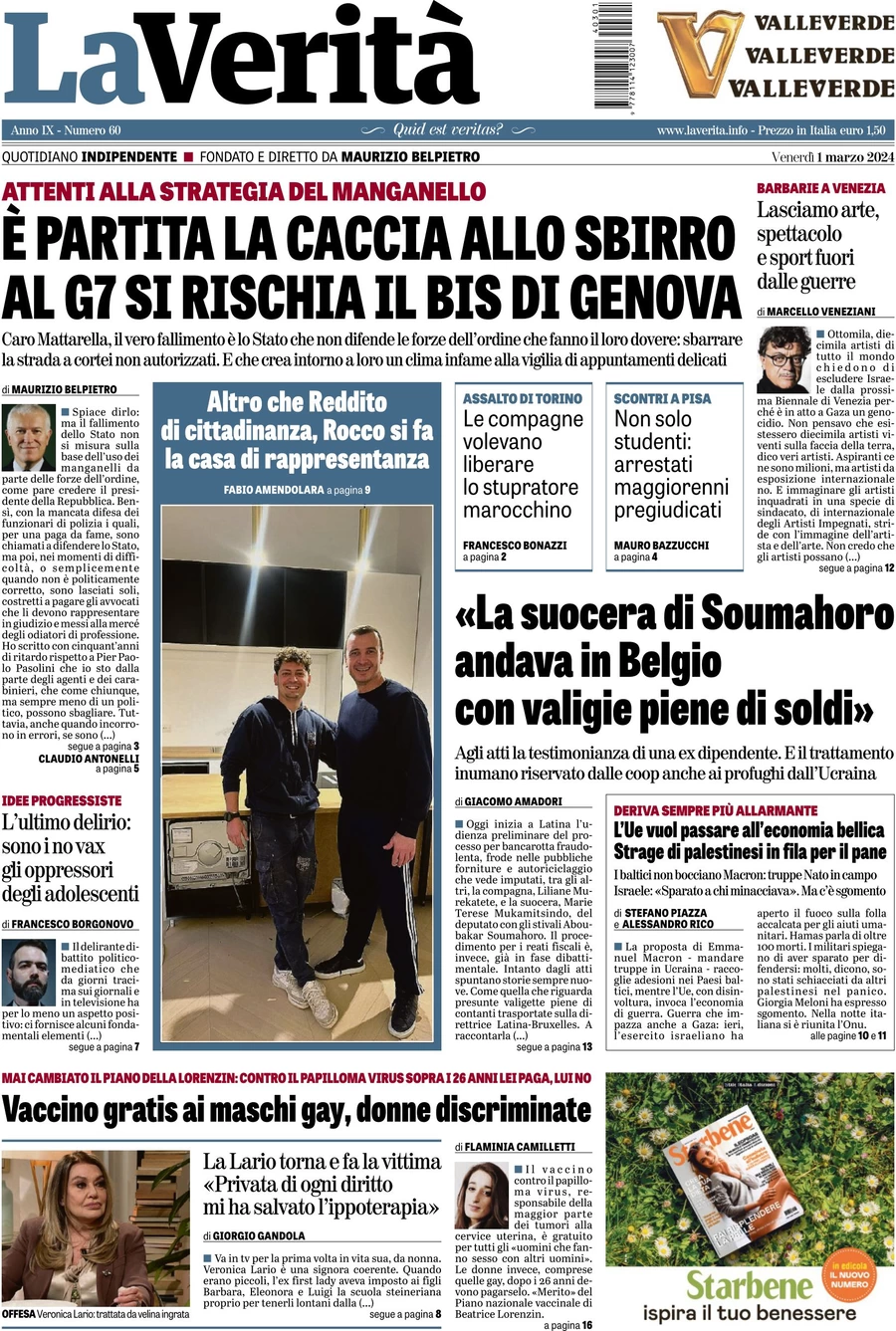 anteprima della prima pagina di la-verit del 29/02/2024