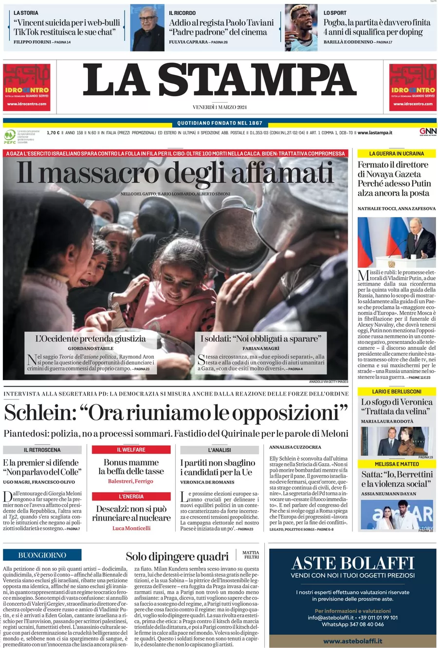 anteprima della prima pagina di la-stampa del 29/02/2024