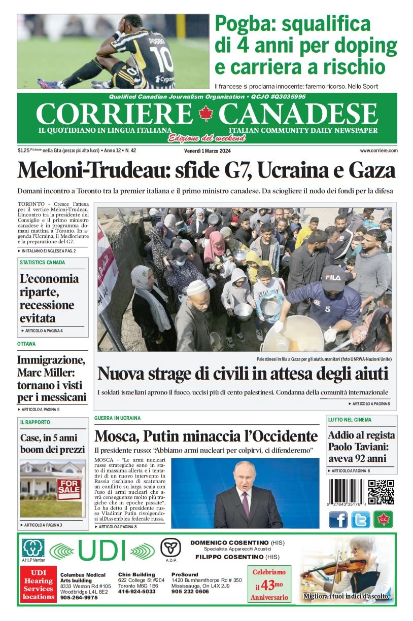 anteprima della prima pagina di corriere-canadese del 29/02/2024