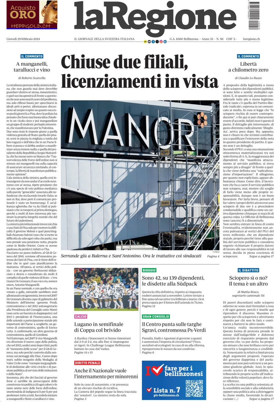 anteprima della prima pagina di la-regione del 29/02/2024