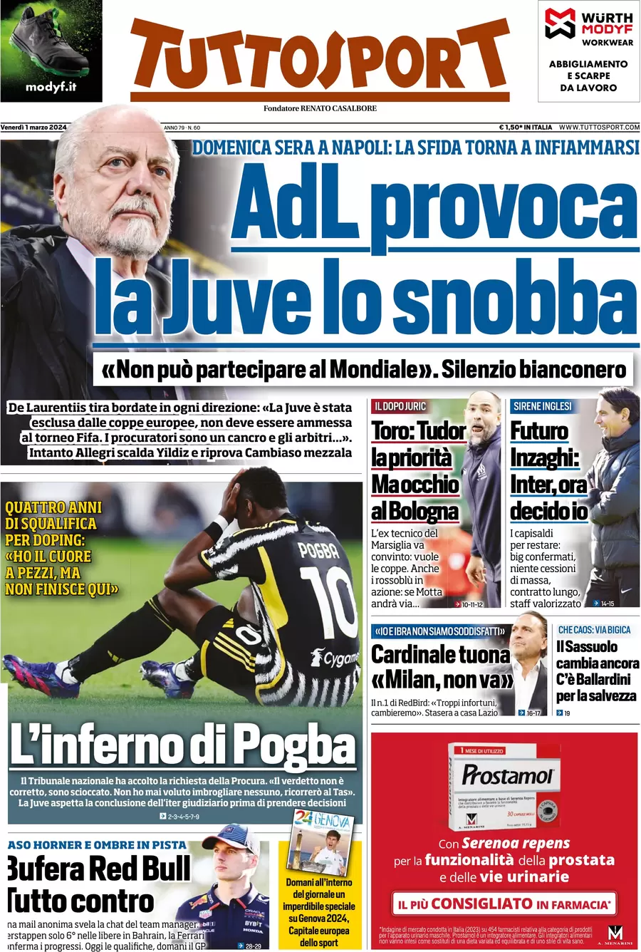 anteprima della prima pagina di tuttosport del 29/02/2024