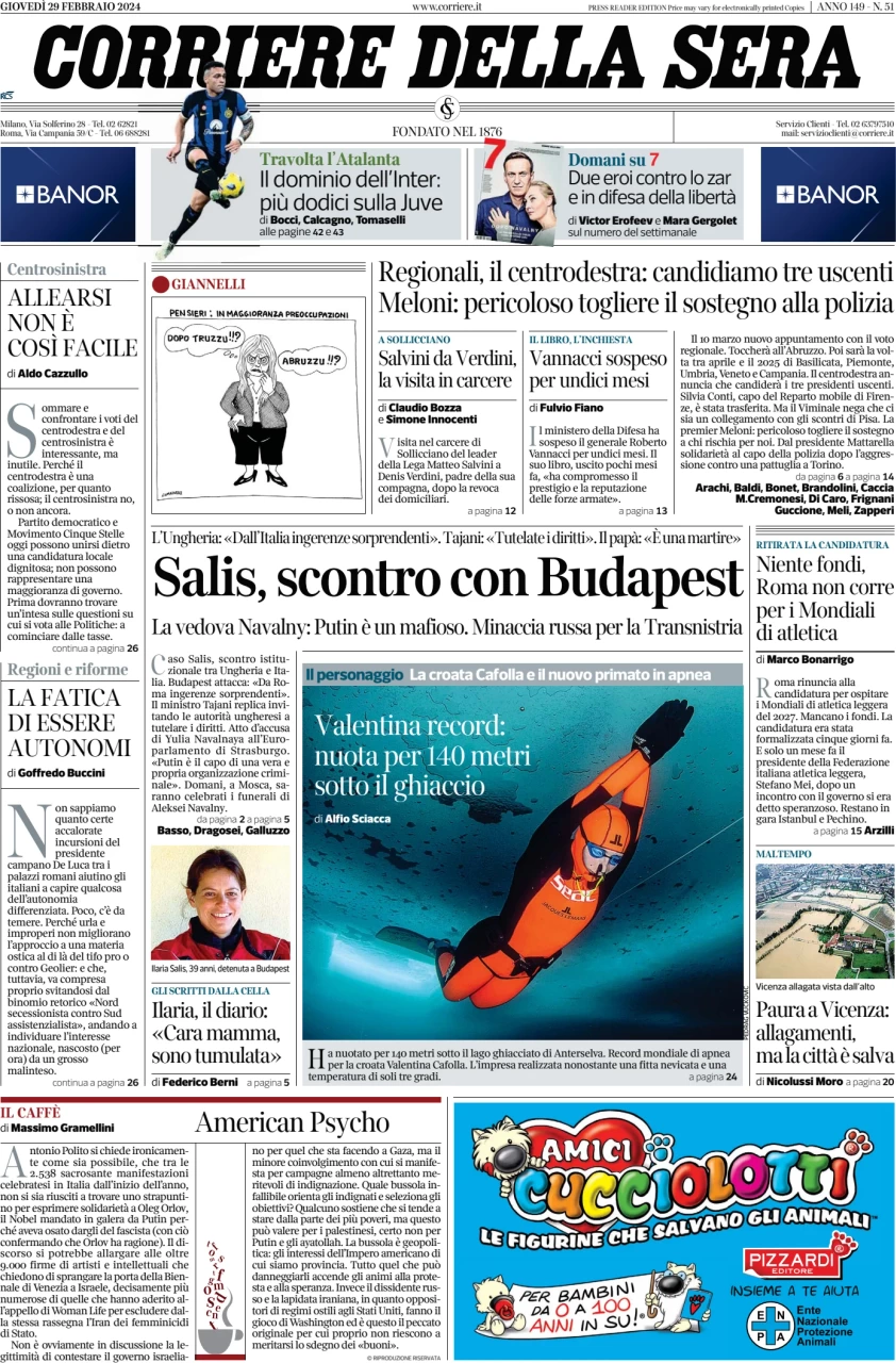 anteprima della prima pagina di corriere-della-sera del 29/02/2024