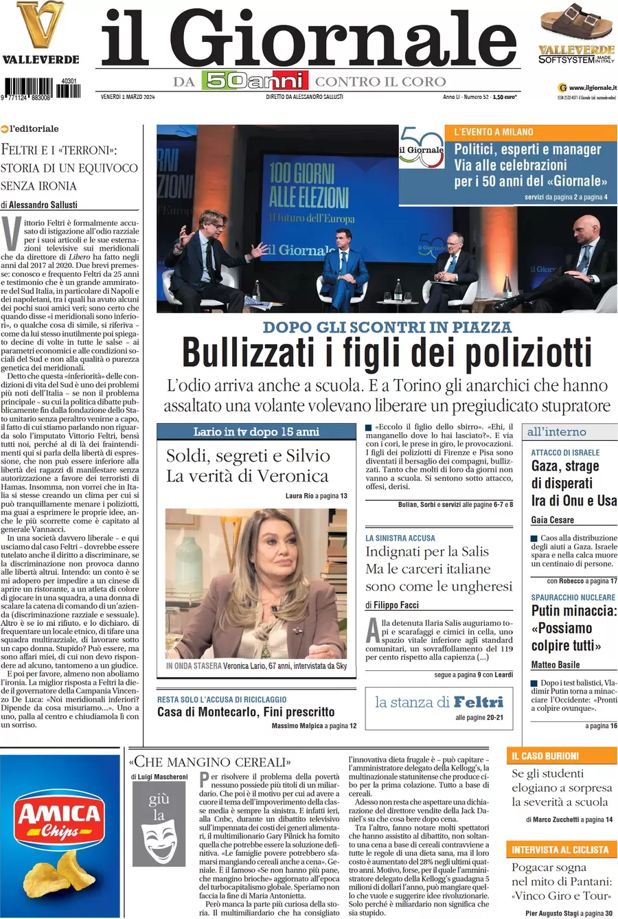 anteprima della prima pagina di il-giornale del 29/02/2024