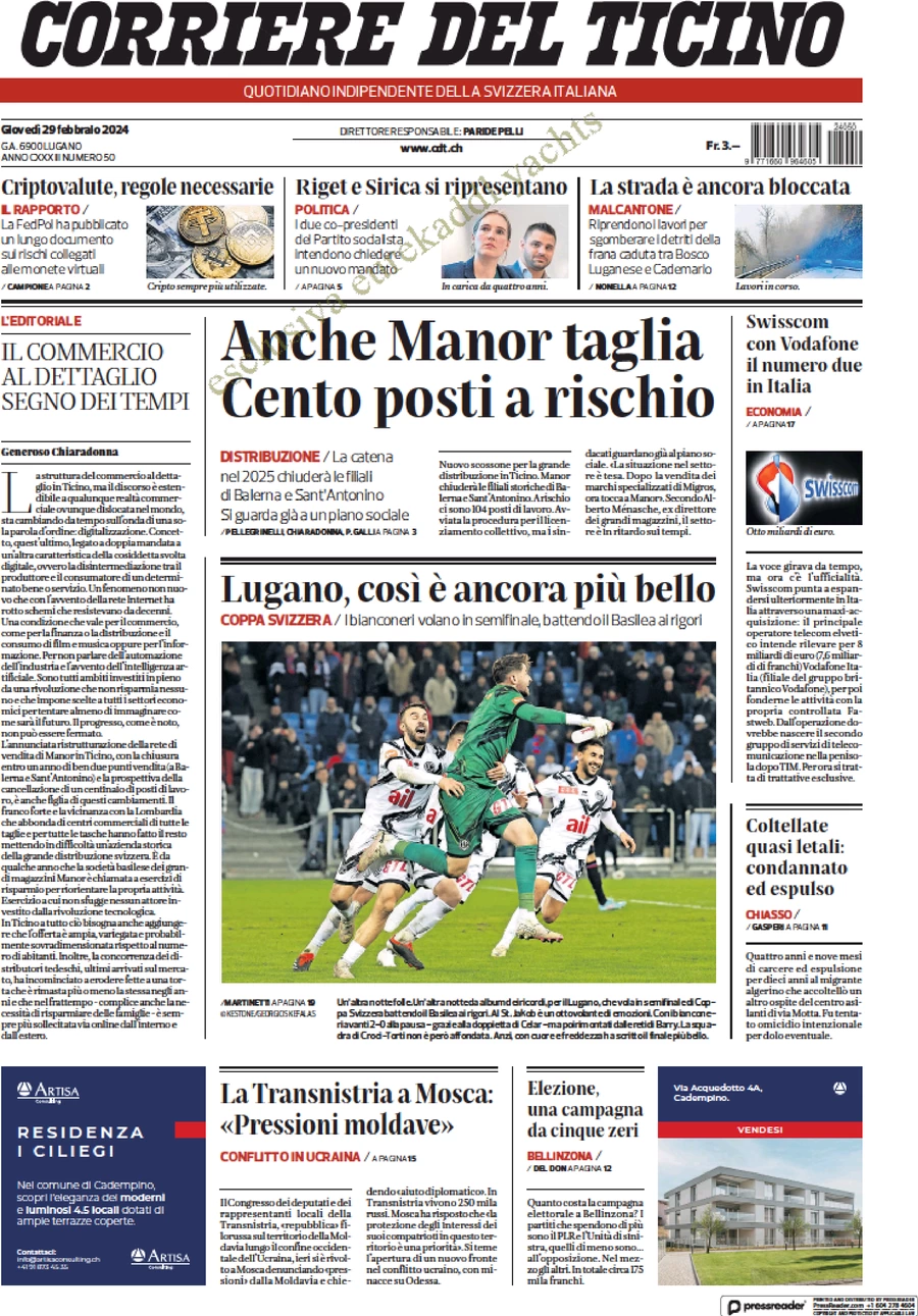 anteprima della prima pagina di corriere-del-ticino del 29/02/2024