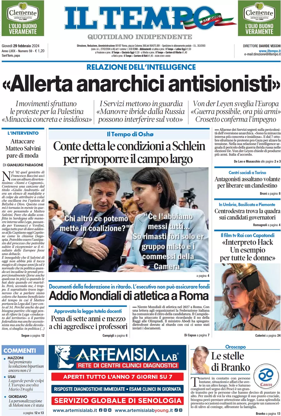 anteprima della prima pagina di il-tempo del 29/02/2024