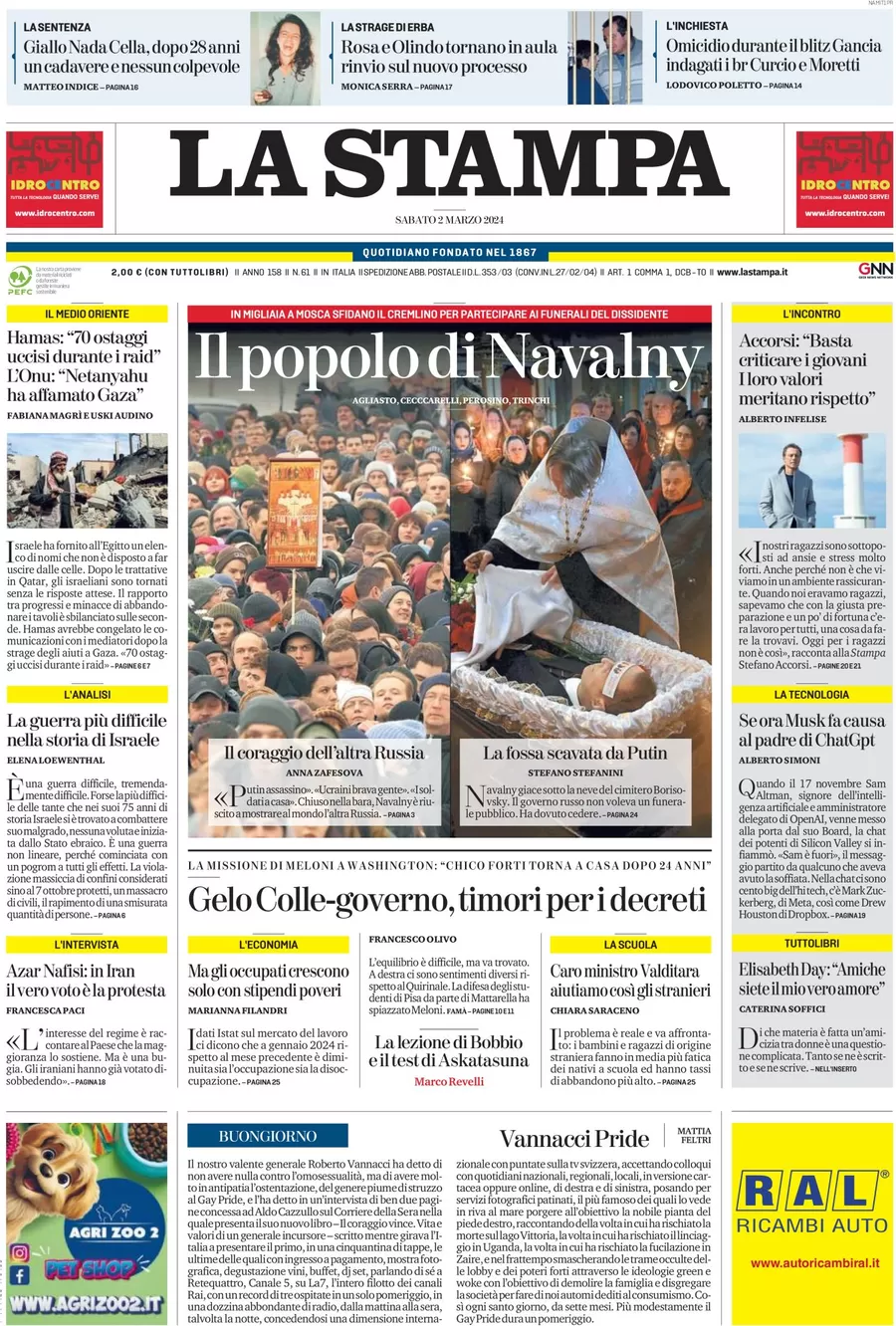 anteprima della prima pagina di la-stampa del 01/03/2024