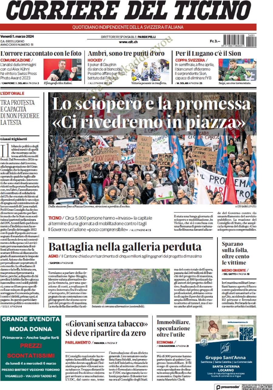 anteprima della prima pagina di corriere-del-ticino del 01/03/2024