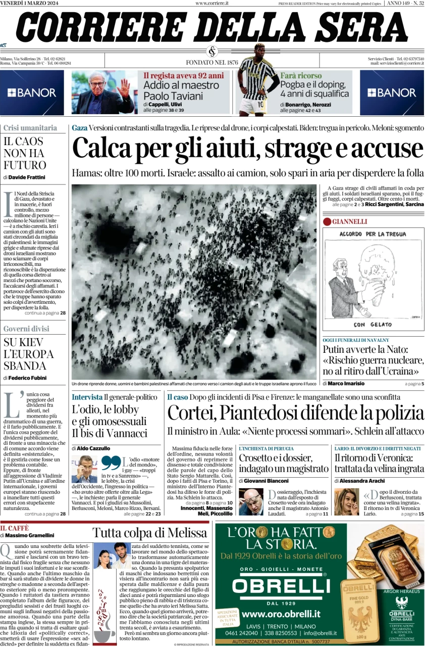 anteprima della prima pagina di corriere-della-sera del 01/03/2024