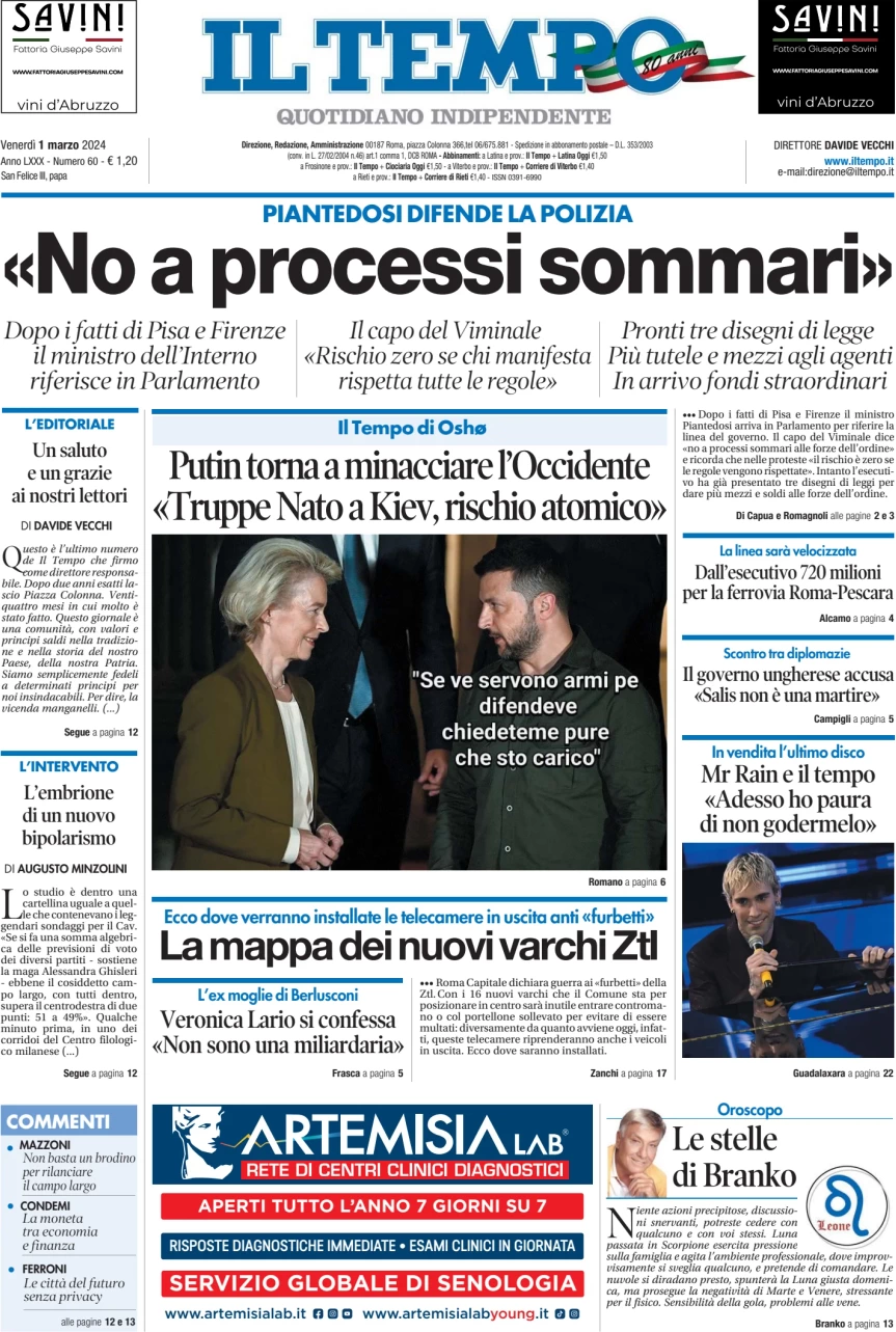 anteprima della prima pagina di il-tempo del 01/03/2024