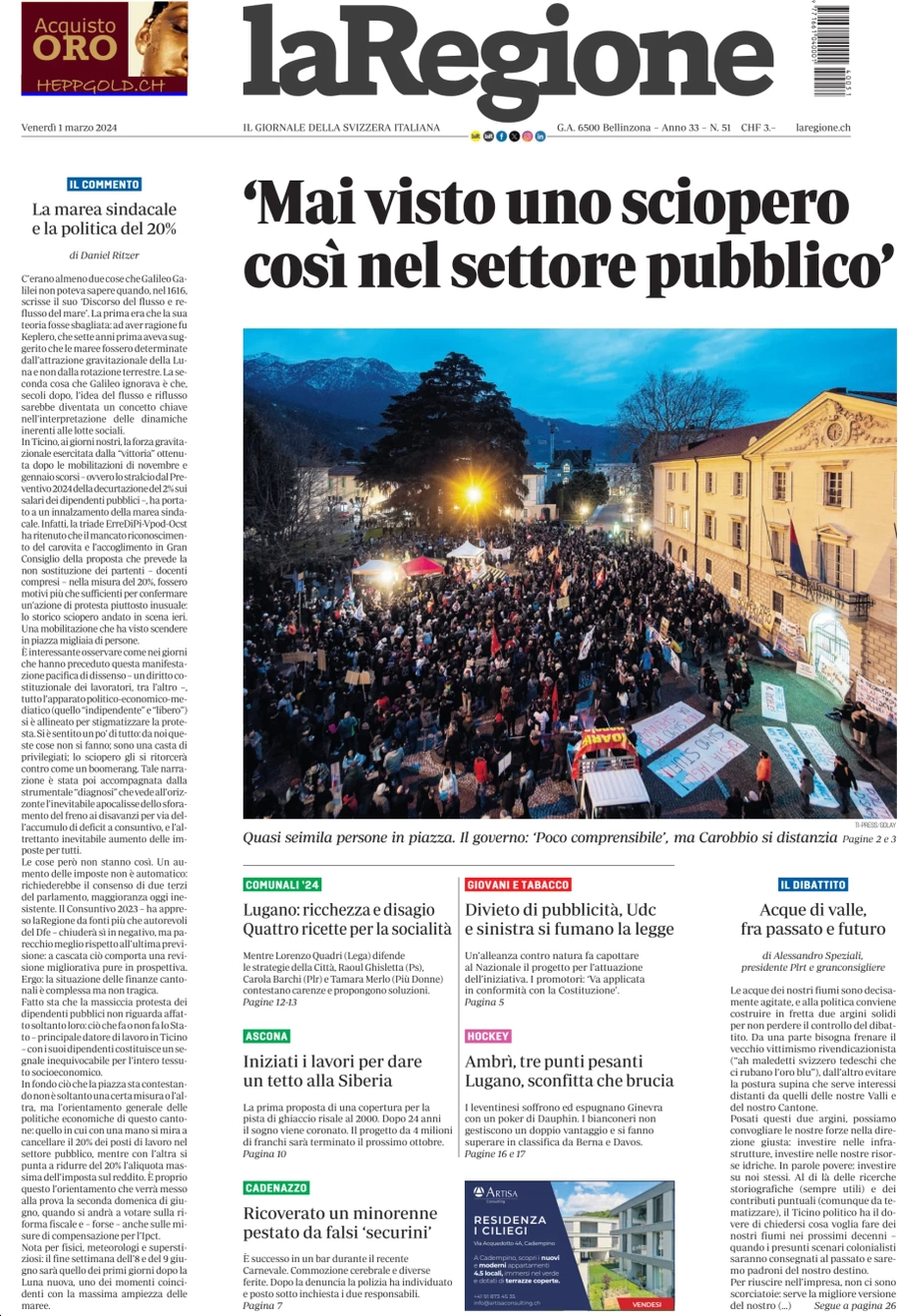 anteprima della prima pagina di la-regione del 01/03/2024