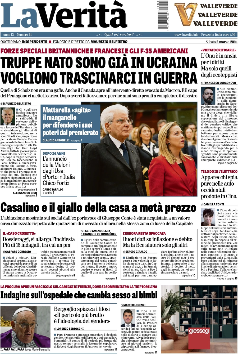 anteprima della prima pagina di la-verit del 01/03/2024