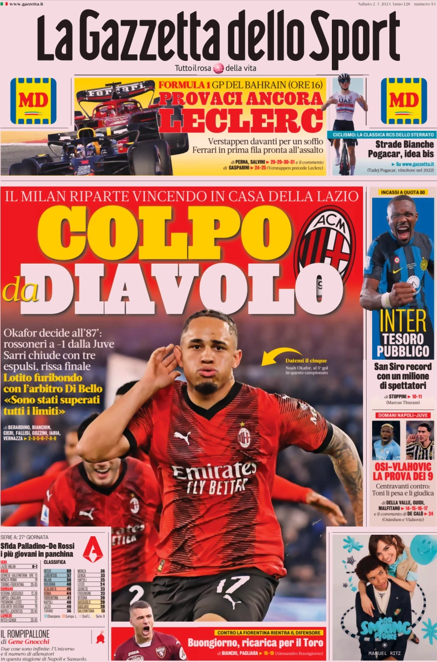 anteprima della prima pagina di la-gazzetta-dello-sport del 02/03/2024